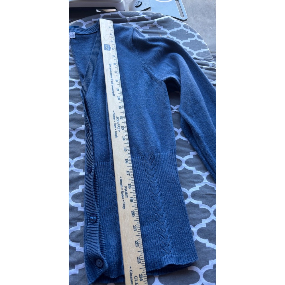 Joseph A Women M Blue V-Neck Button Front Ribbed Waist Pointelle Cardigan - Picture 6 of 11